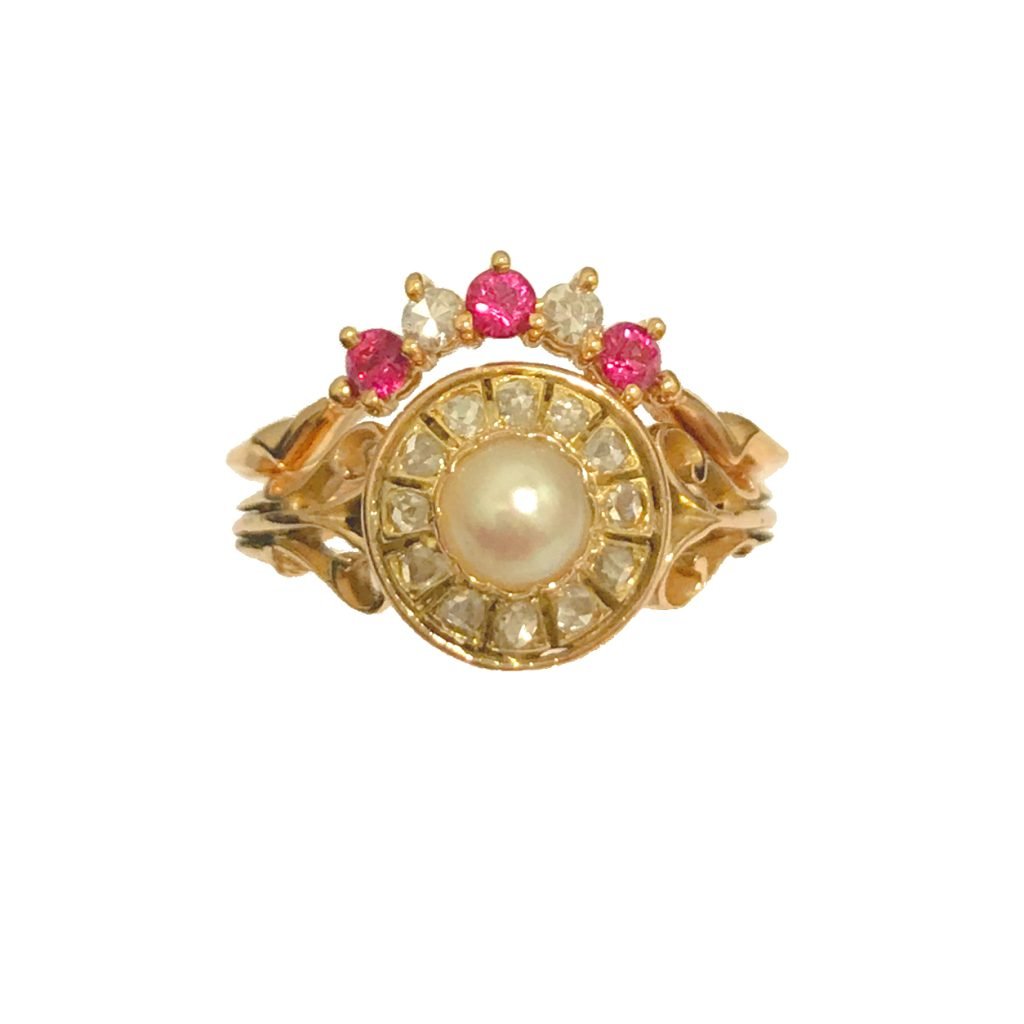 Ruby and Diamond Wedding Ring to fit Pearl Antique Engagement Ring - made from Grandmother's rings Daou Jewellery