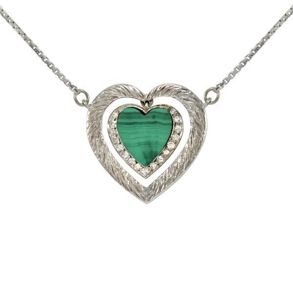 Malachite Diamond Framed Heart Pendant White