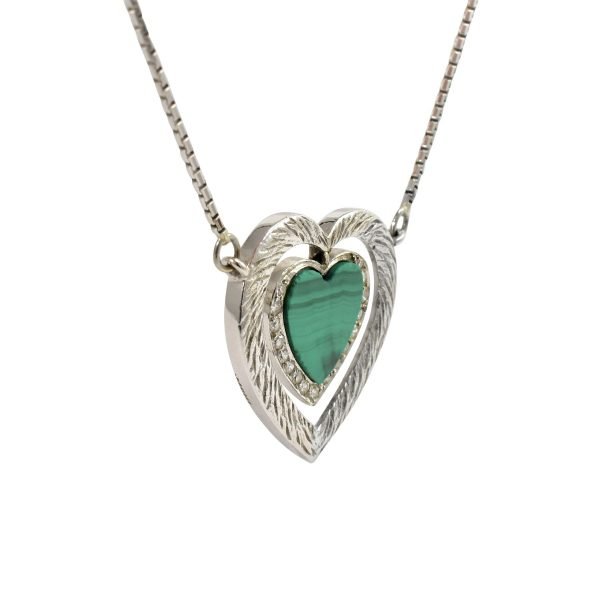 Malachite Diamond Framed Heart Pendant White